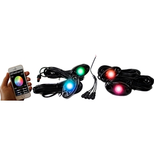 Race Sport Lighting 4-LED Glow Pod White Kit Smartphone Controlled With Brain Box IP68 12V w/All Hardware RGB Multi-Color w/White Rock Light Housings ColorSMART
