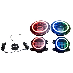 Race Sport Lighting Jeep Wrangler 7 Inch Headlight and 4 Inch Foglight ColorSMART Combo Complete RGB Multi-Color Kit Smartphone Controlled W/ 2 Headlights and 2 Foglights