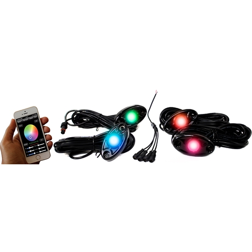 Race Sport Lighting 4-LED Glow Pod Black Kit Smartphone Controlled with Brain Box IP68 12V w/All Hardware RGB Multi Color w/Black Rock Light Housings ColorSMART